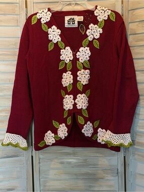 Storybook Knits zip cardigan Holiday Hydrangea burgundy sweater vneck Small FLAW